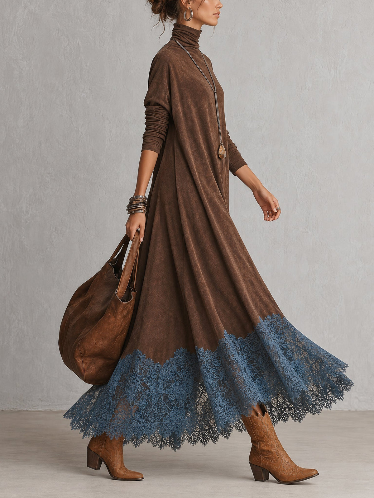 Harriet Lace-Trim Suede-Effect Maxi Dress