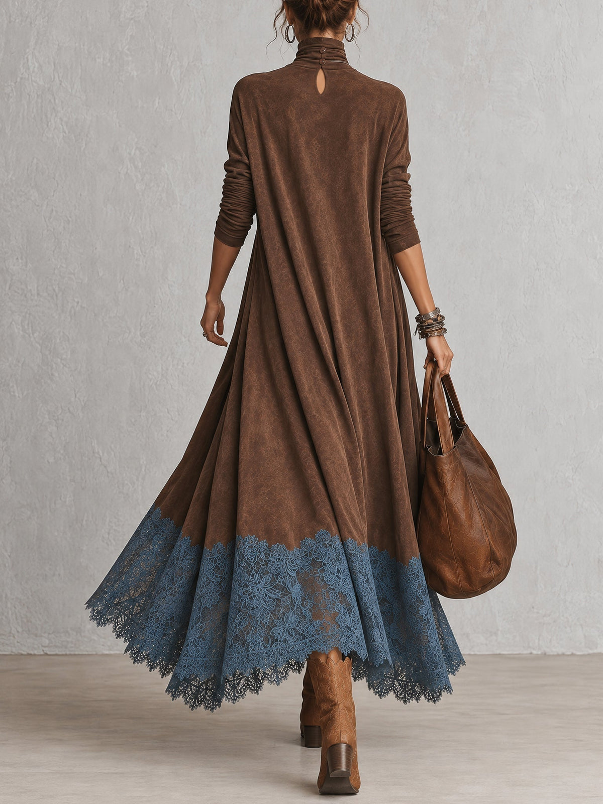 Harriet Lace-Trim Suede-Effect Maxi Dress