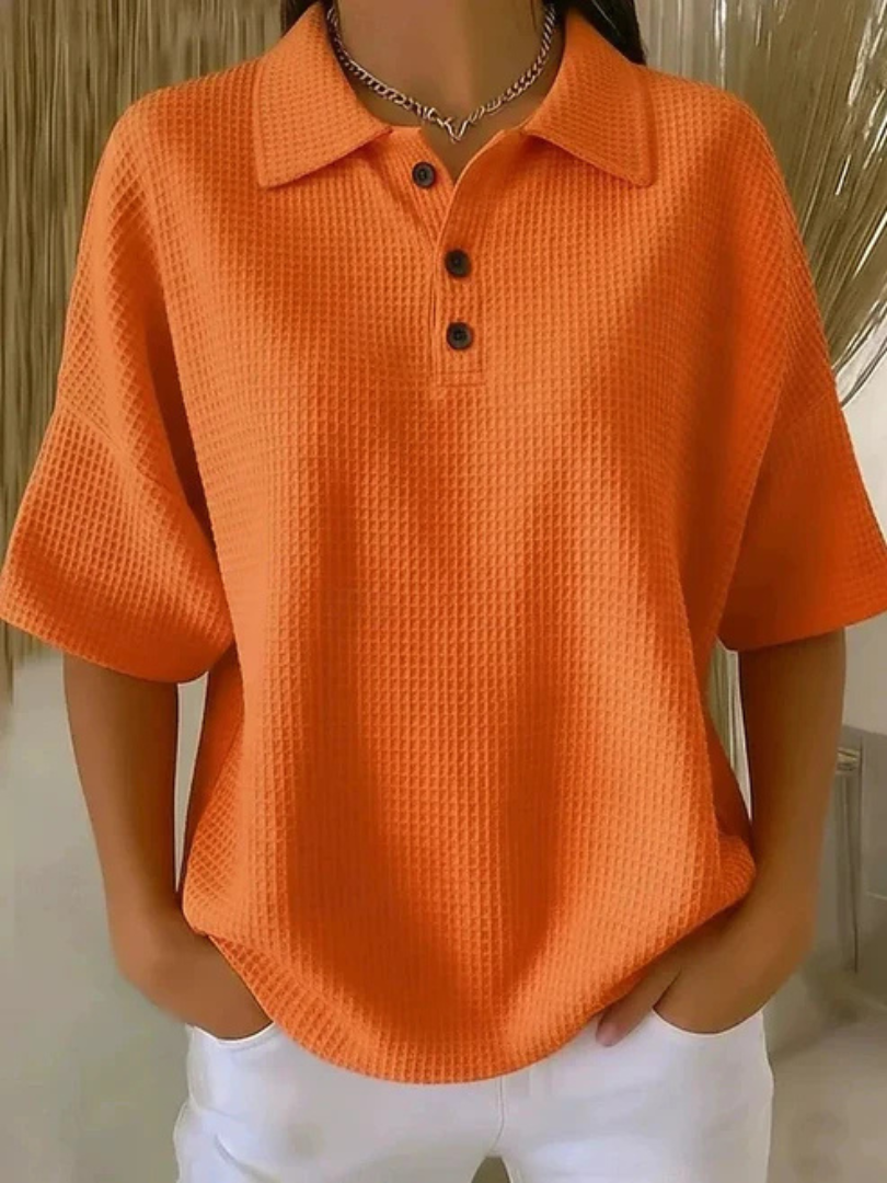 Aria Waffle-Texture Polo Top