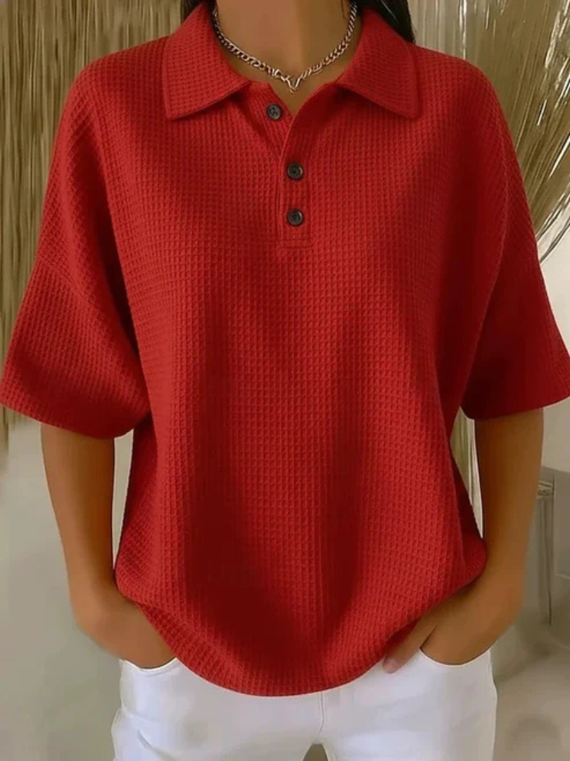 Aria Waffle-Texture Polo Top