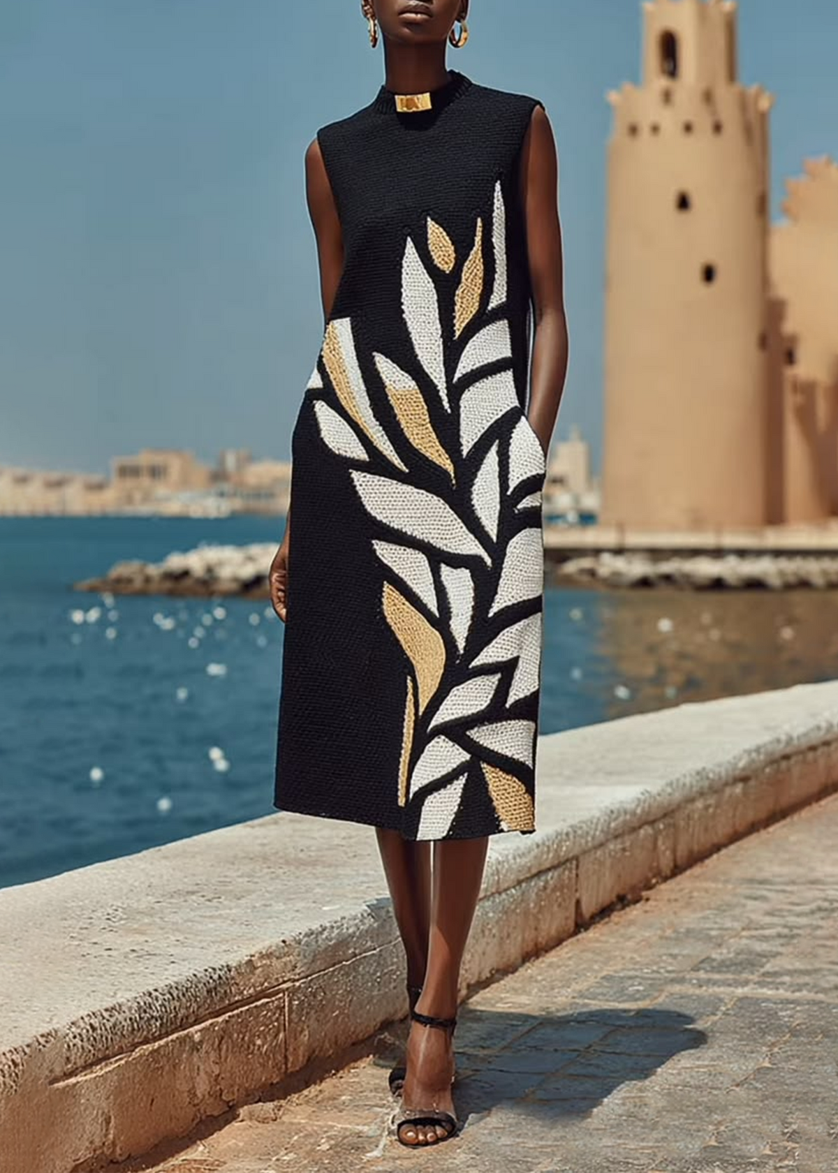 Delphine Leaf-Motif Sleeveless Midi Dress
