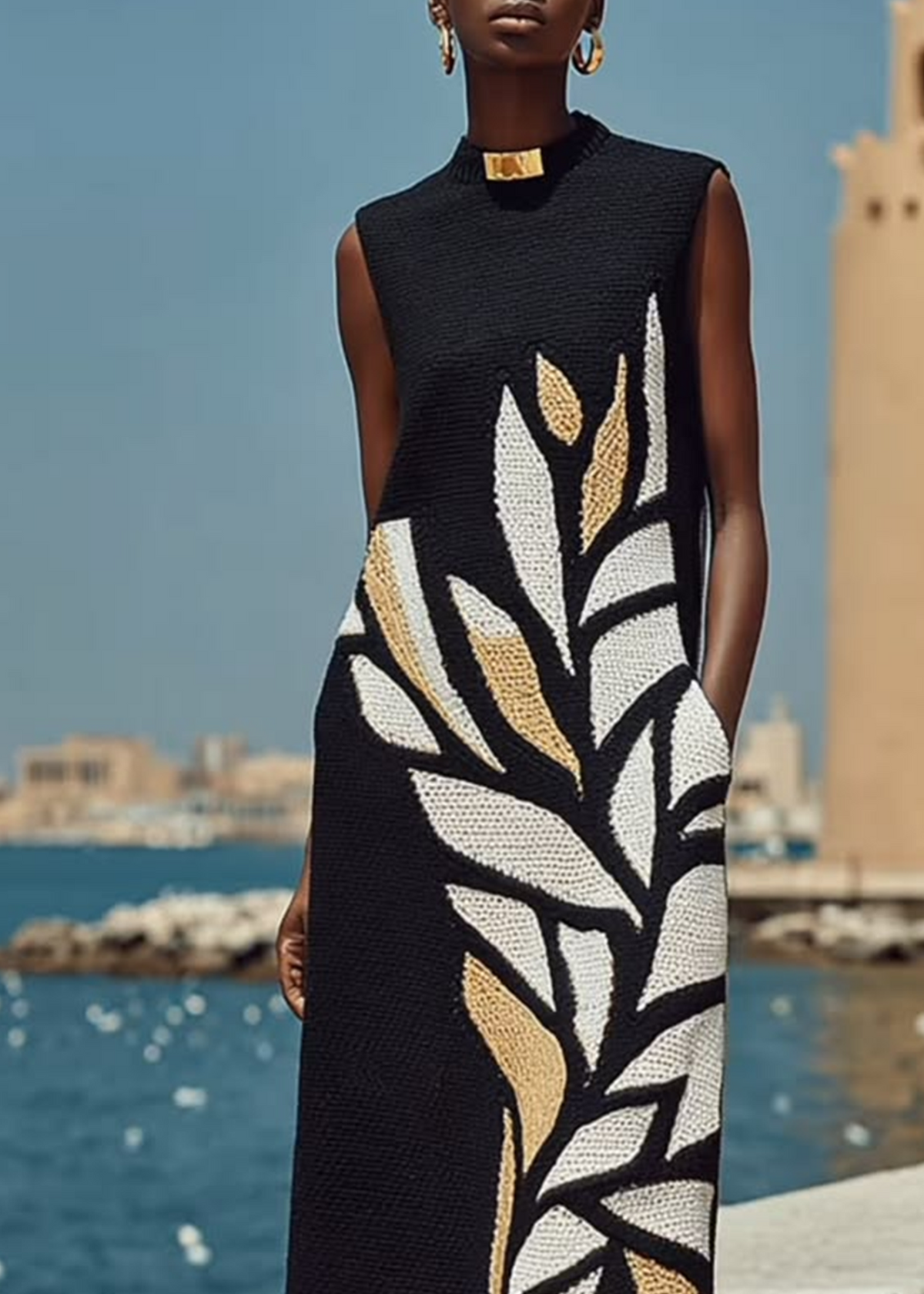 Delphine Leaf-Motif Sleeveless Midi Dress