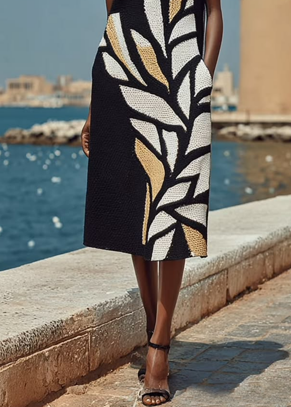 Delphine Leaf-Motif Sleeveless Midi Dress