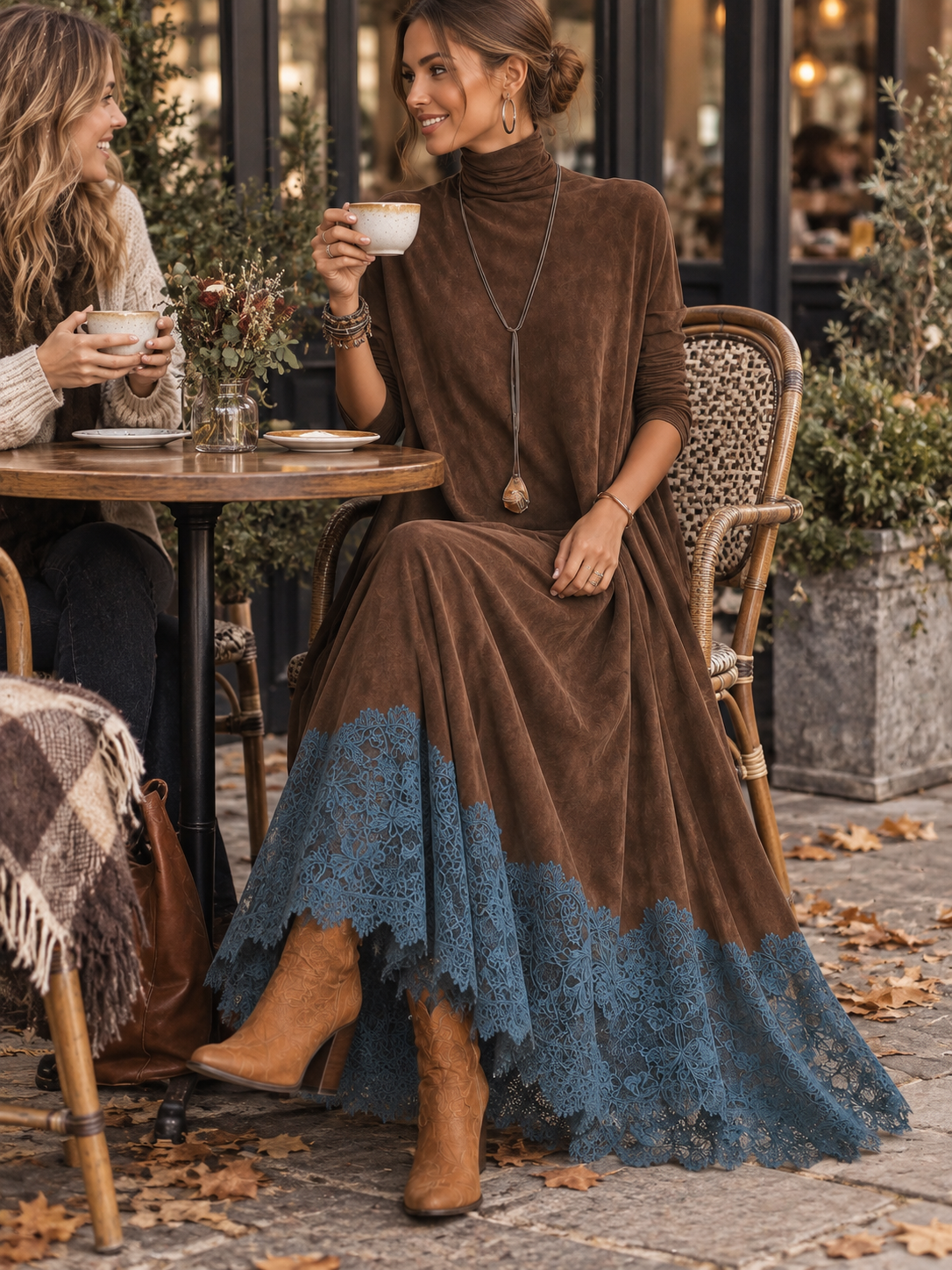 Harriet Lace-Trim Suede-Effect Maxi Dress