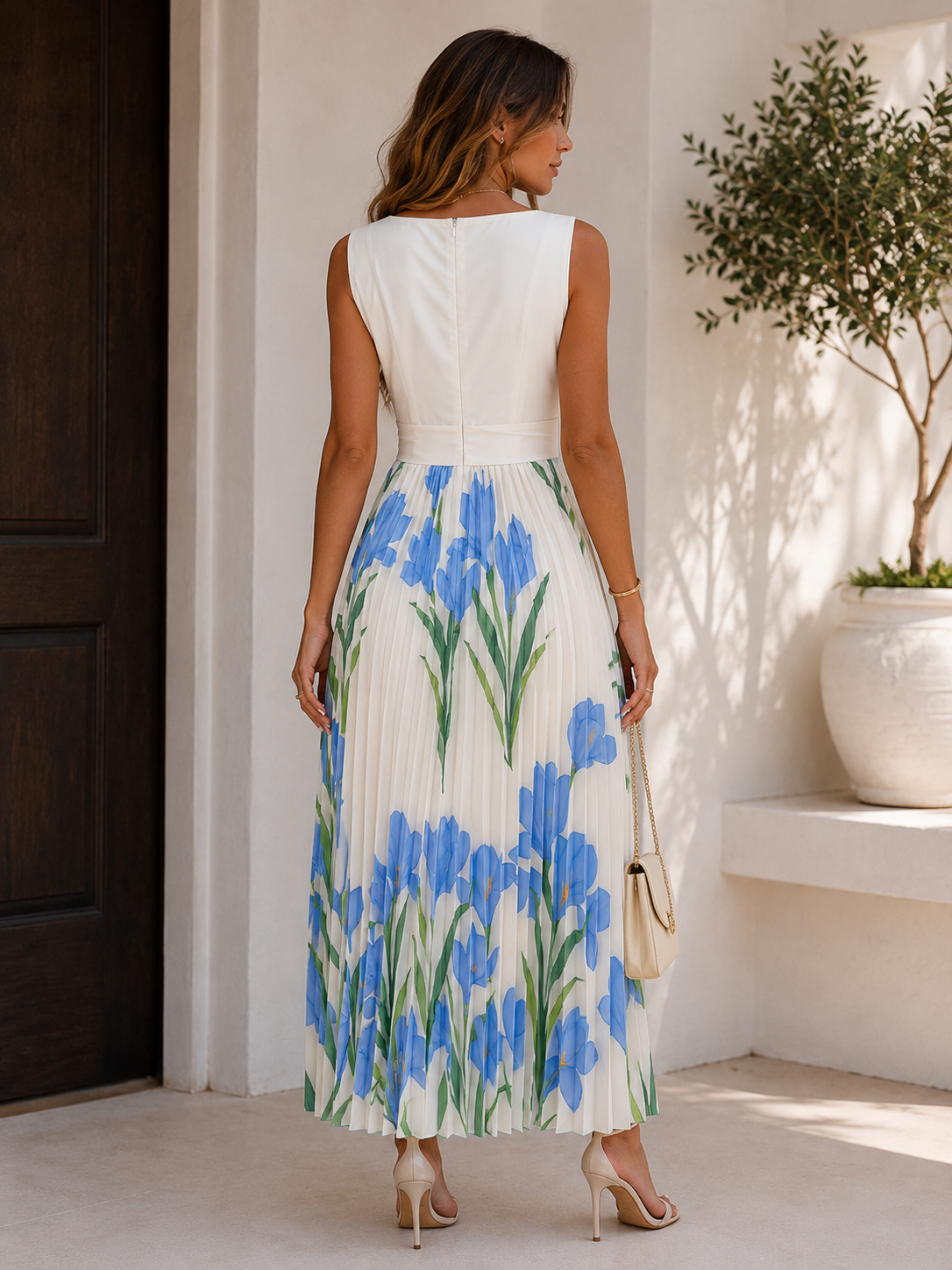Oriana Square-Neck Pleated Midi Dress