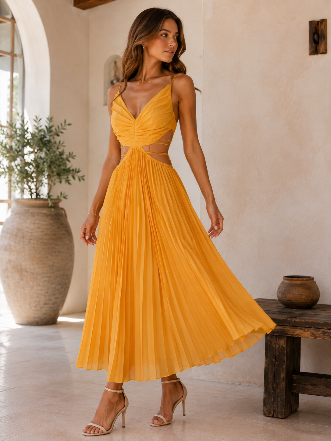 Helena Cut-Out Pleated Midi Dress