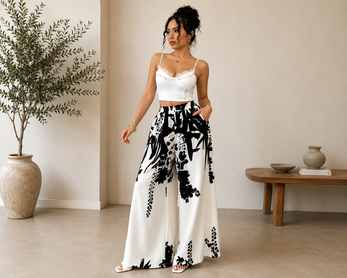Black Dahlia Floral Palazzo Trousers