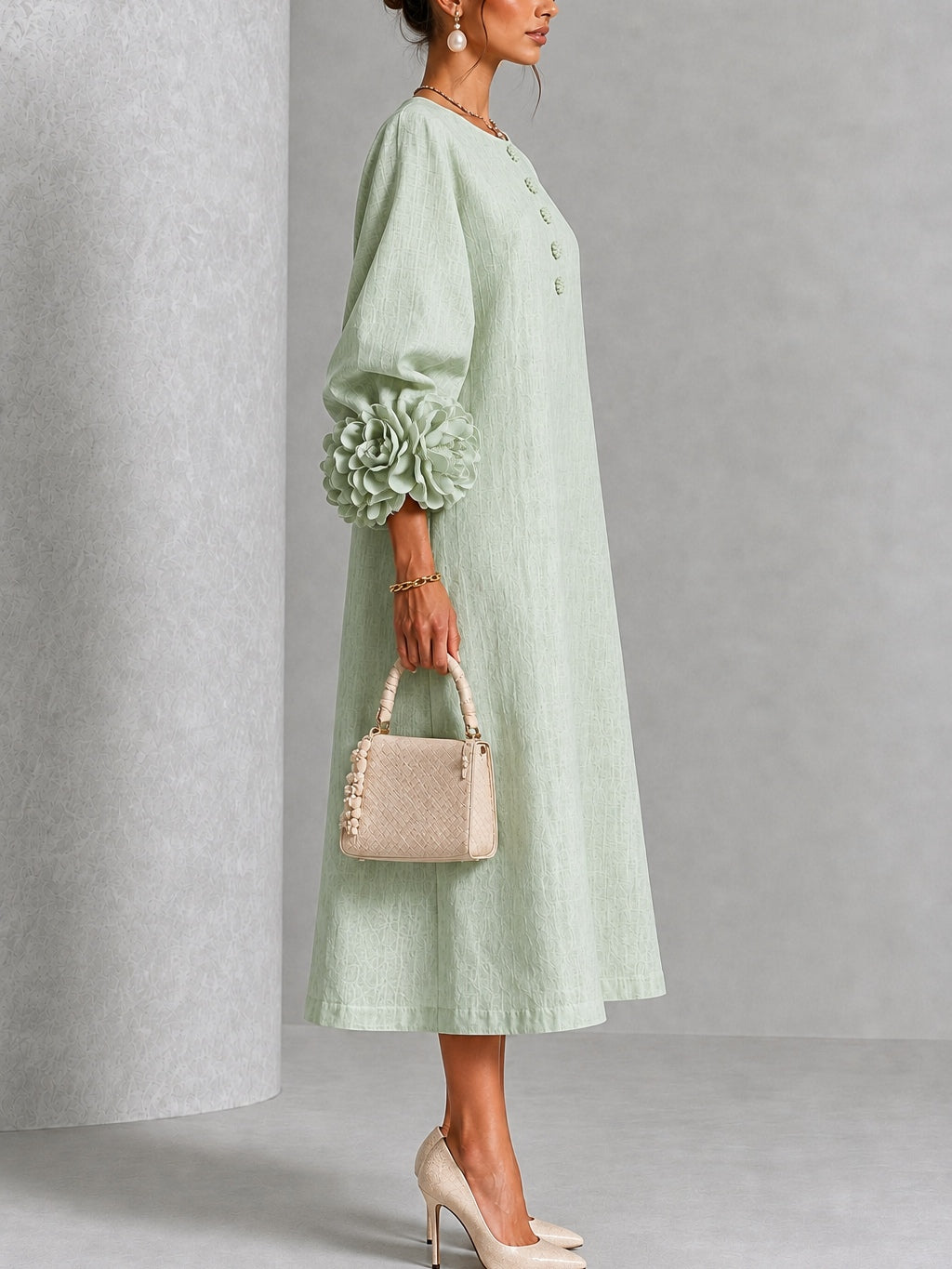 Rosamund Sage Rosette-Cuff Midi Dress