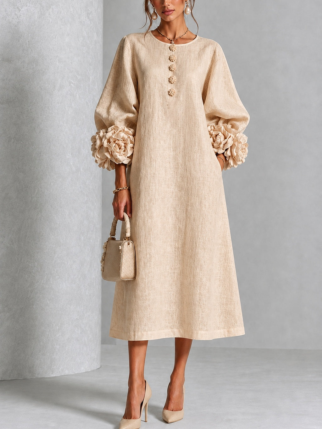 Adeline Beige Rosette-Cuff Midi Dress