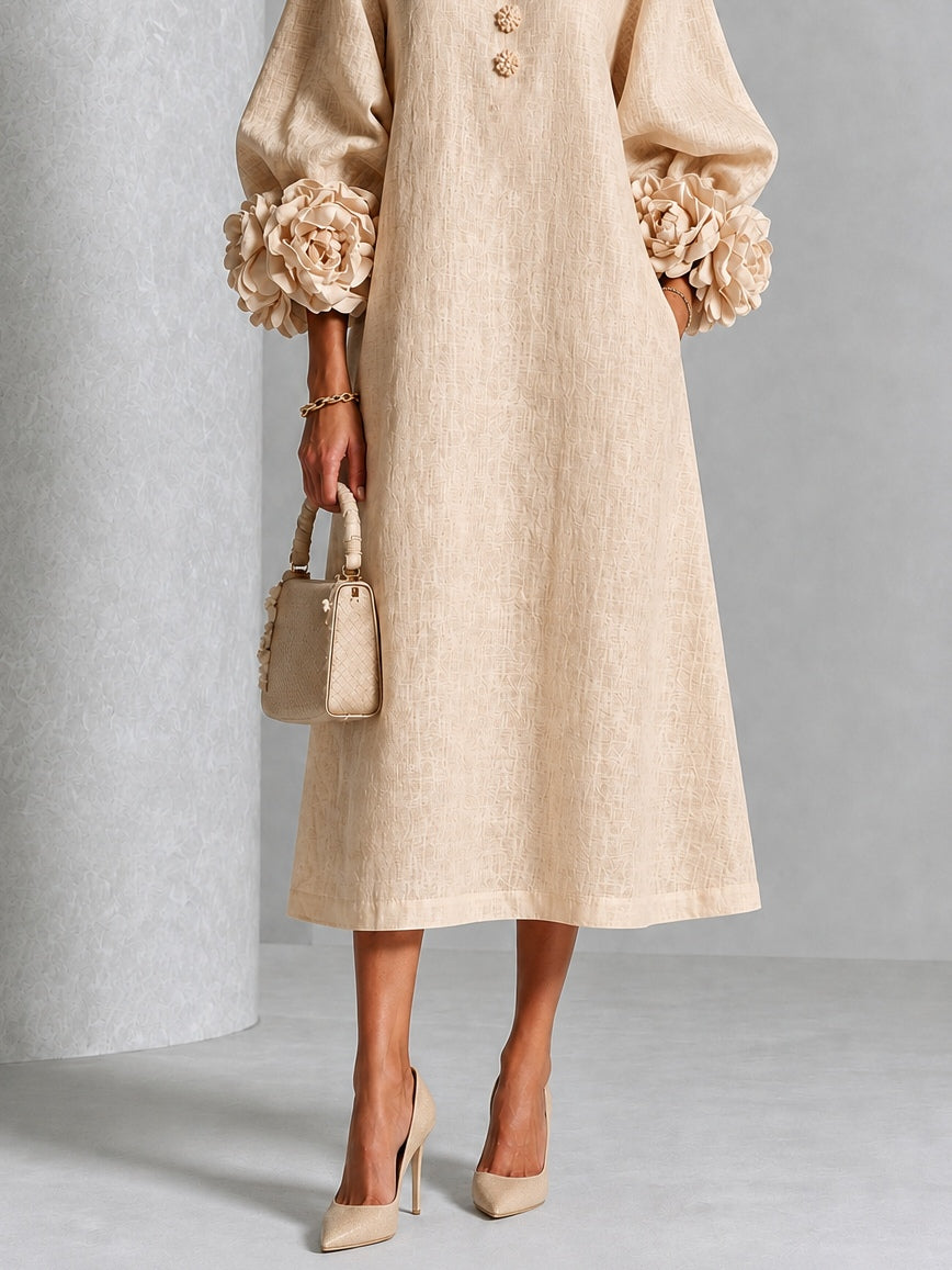 Adeline Beige Rosette-Cuff Midi Dress