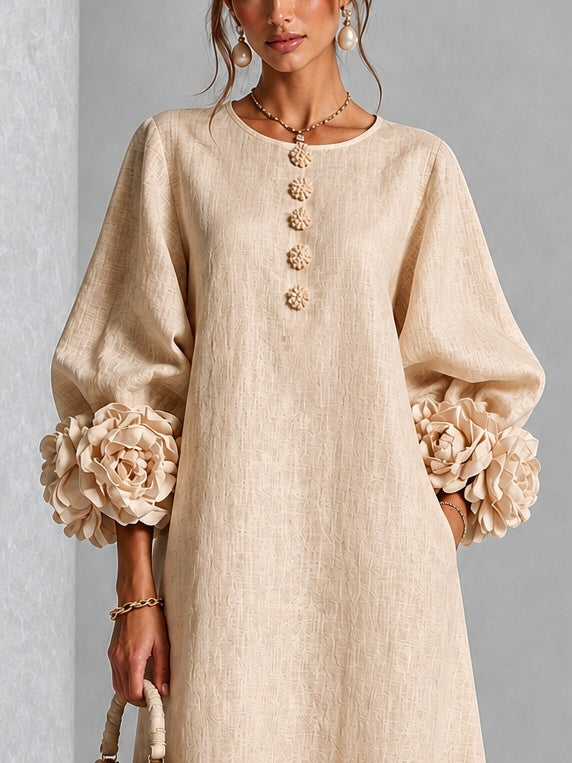 Adeline Beige Rosette-Cuff Midi Dress