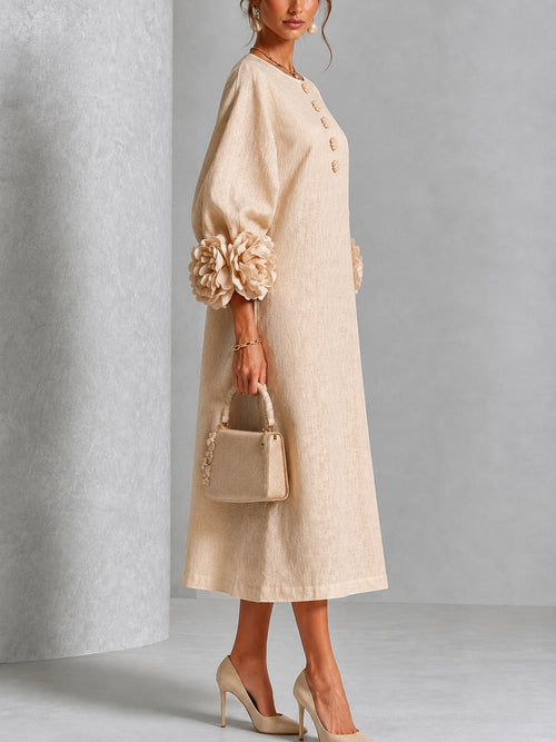 Adeline Beige Rosette-Cuff Midi Dress