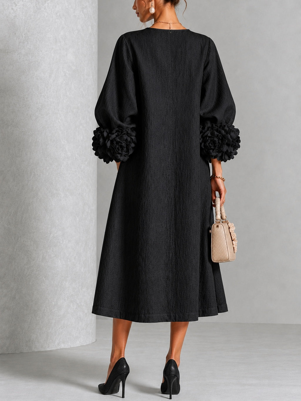 Winifred Black Rosette-Cuff Midi Dress