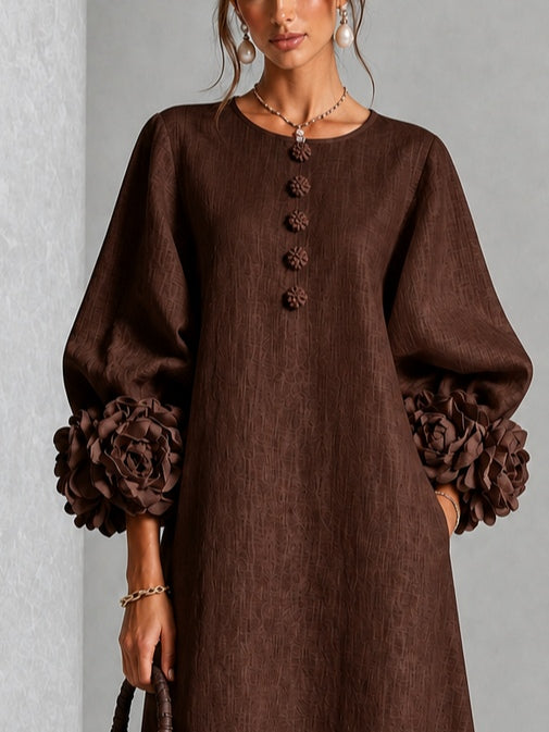 Agatha Chocolate Rosette-Cuff Midi Dress