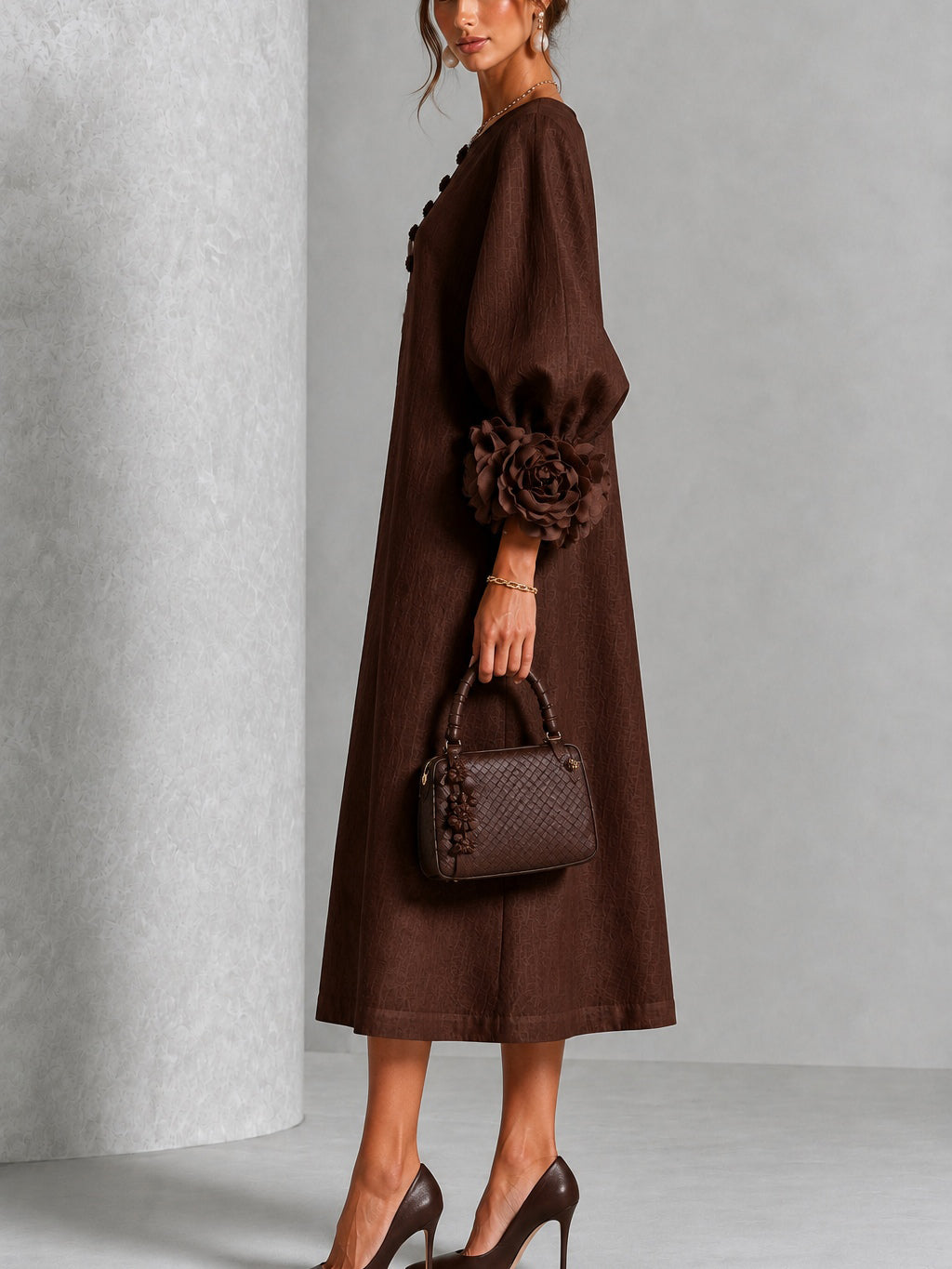 Agatha Chocolate Rosette-Cuff Midi Dress