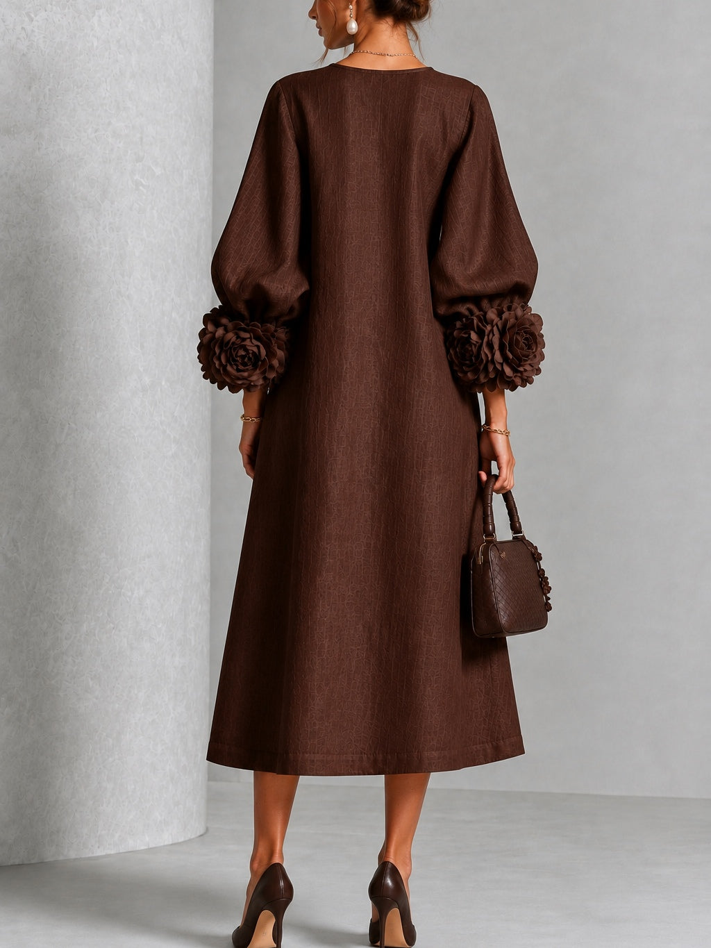 Agatha Chocolate Rosette-Cuff Midi Dress