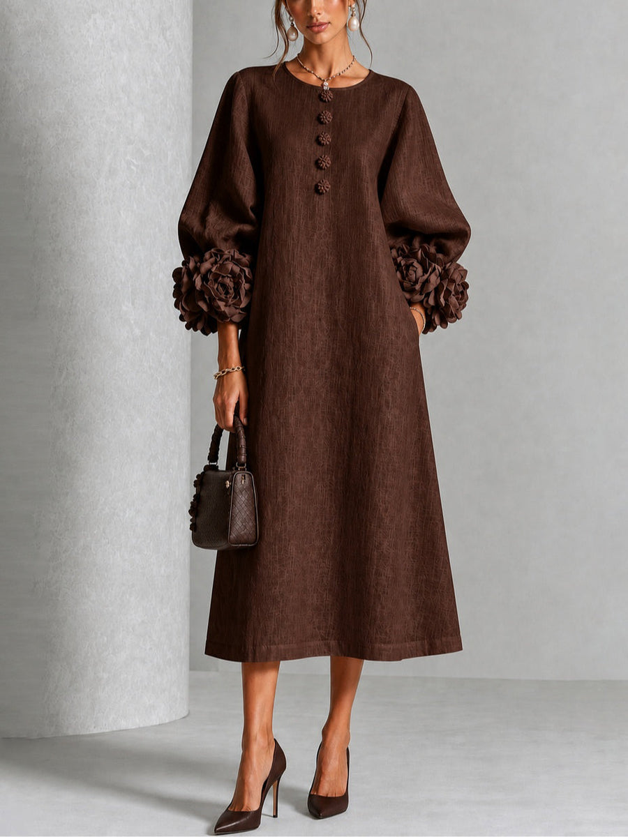 Agatha Chocolate Rosette-Cuff Midi Dress