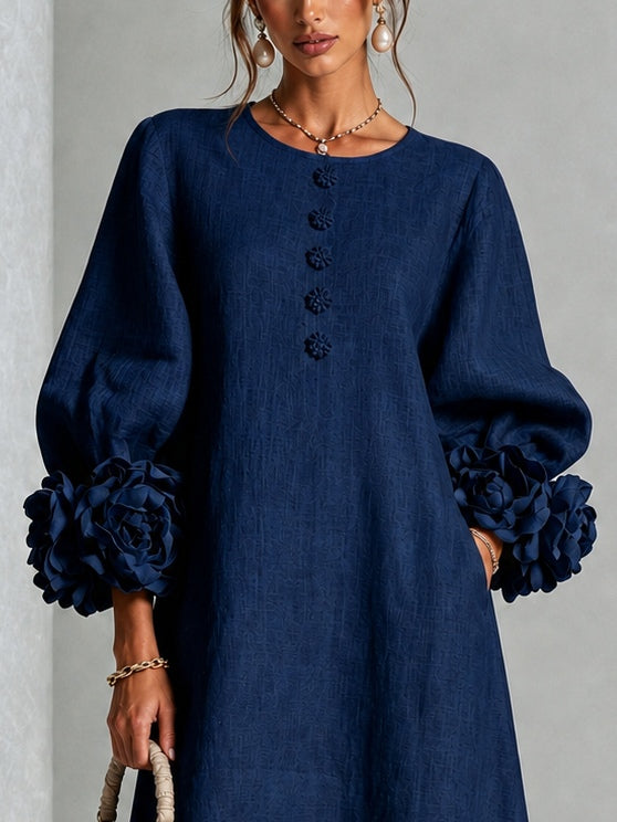 Cecily Navy Rosette-Cuff Midi Dress