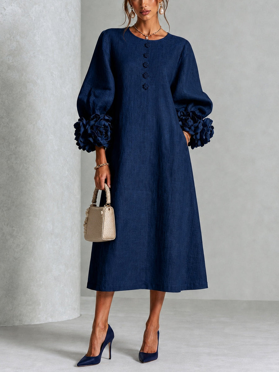 Cecily Navy Rosette-Cuff Midi Dress