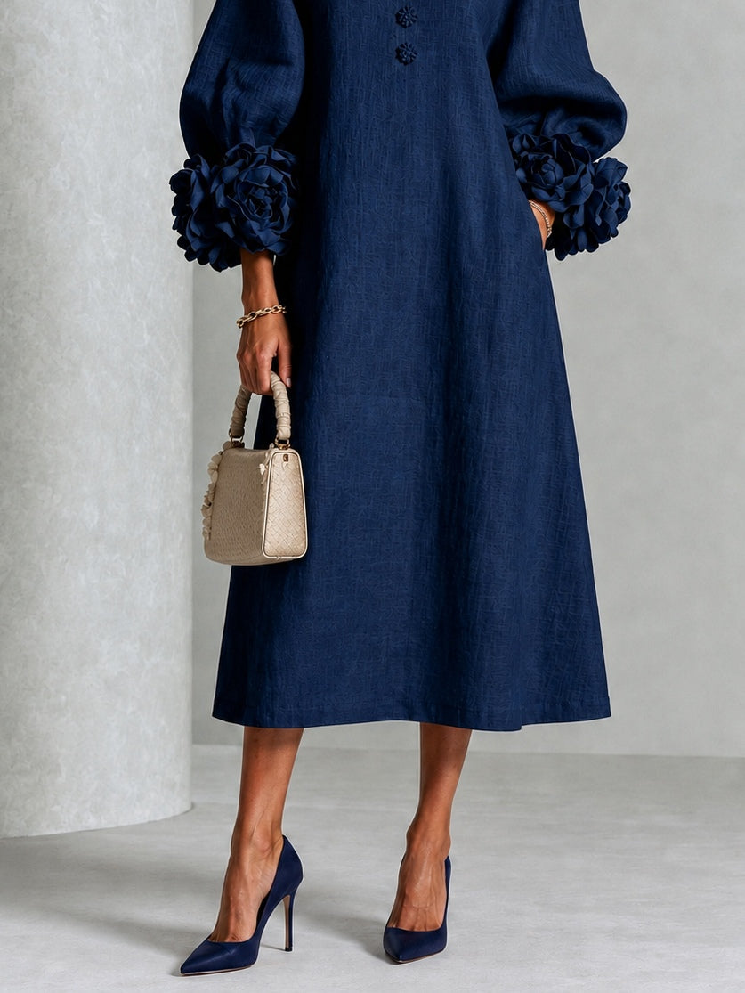Cecily Navy Rosette-Cuff Midi Dress
