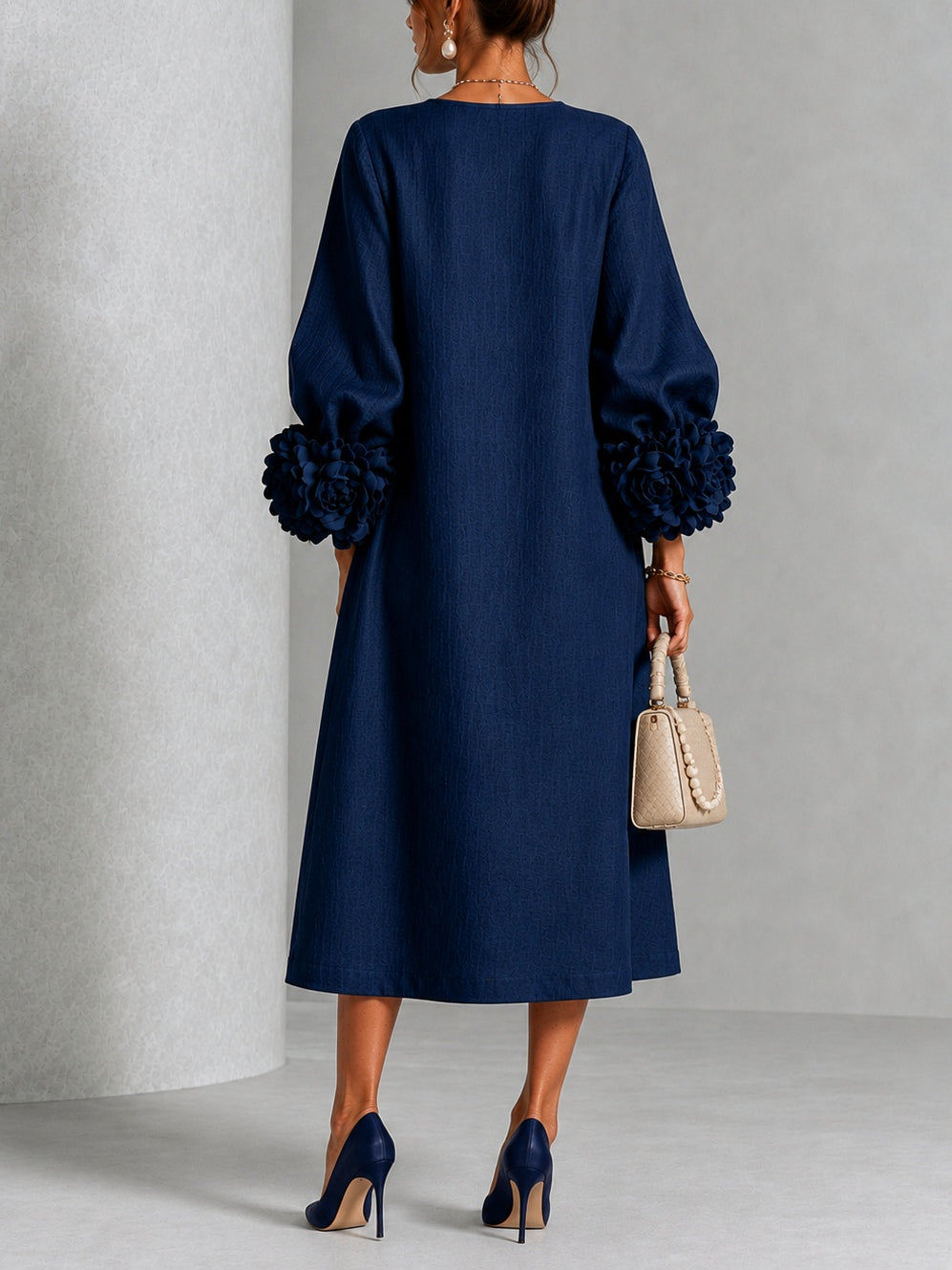 Cecily Navy Rosette-Cuff Midi Dress