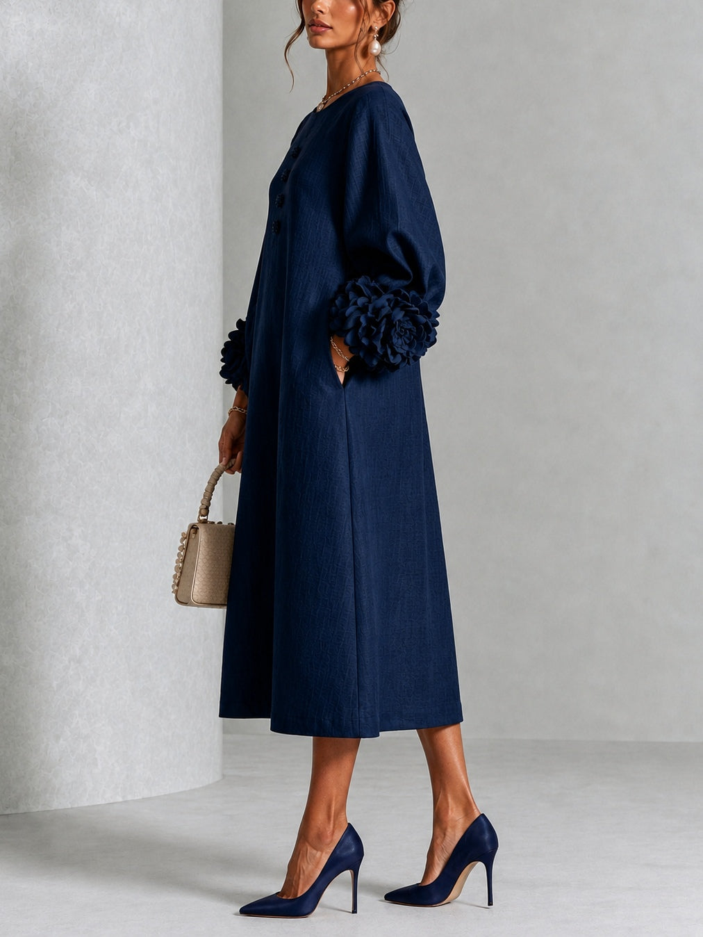 Cecily Navy Rosette-Cuff Midi Dress