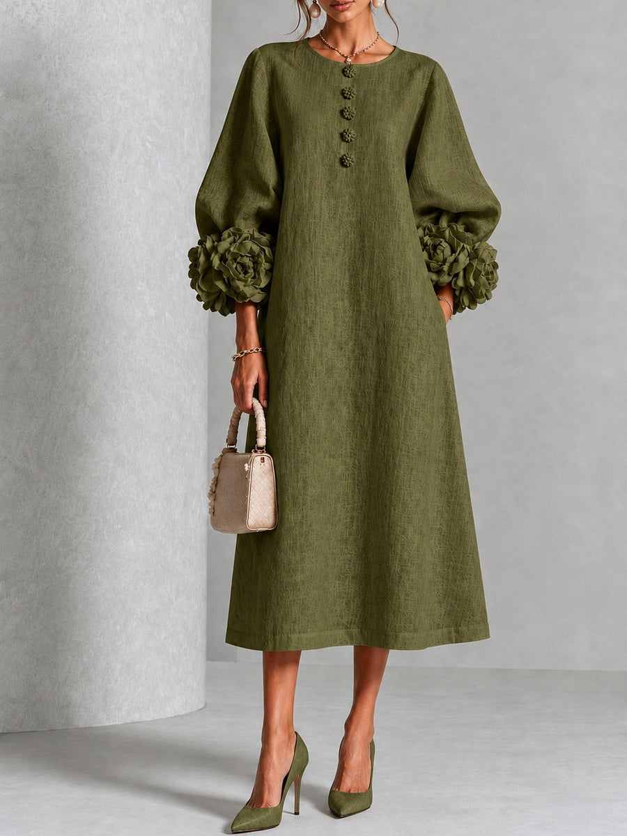 Henrietta Olive Rosette-Cuff Midi Dress