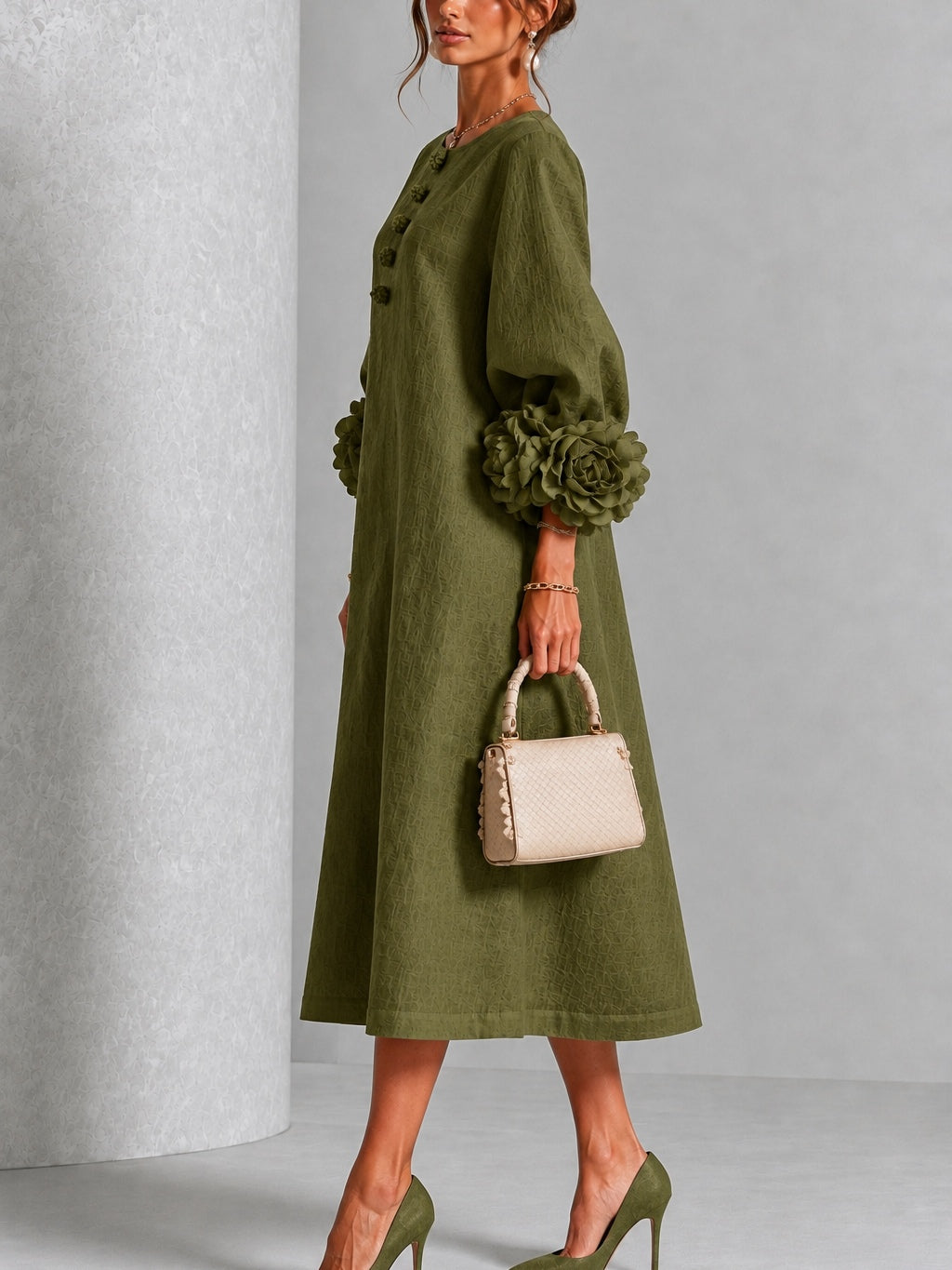 Henrietta Olive Rosette-Cuff Midi Dress