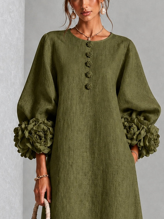 Henrietta Olive Rosette-Cuff Midi Dress