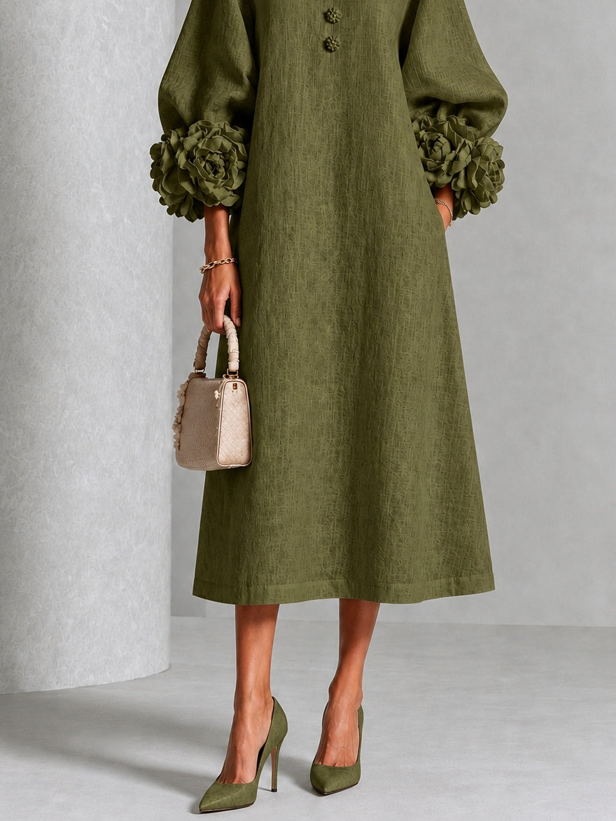 Henrietta Olive Rosette-Cuff Midi Dress