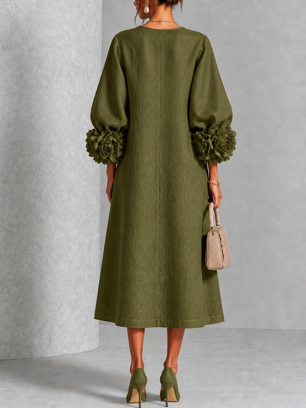 Henrietta Olive Rosette-Cuff Midi Dress