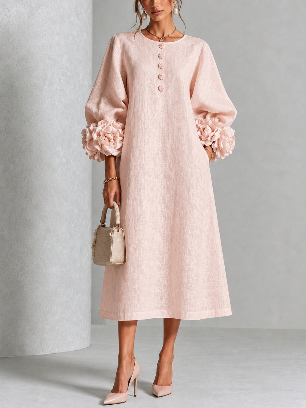 Florence Blush Rosette-Cuff Midi Dress