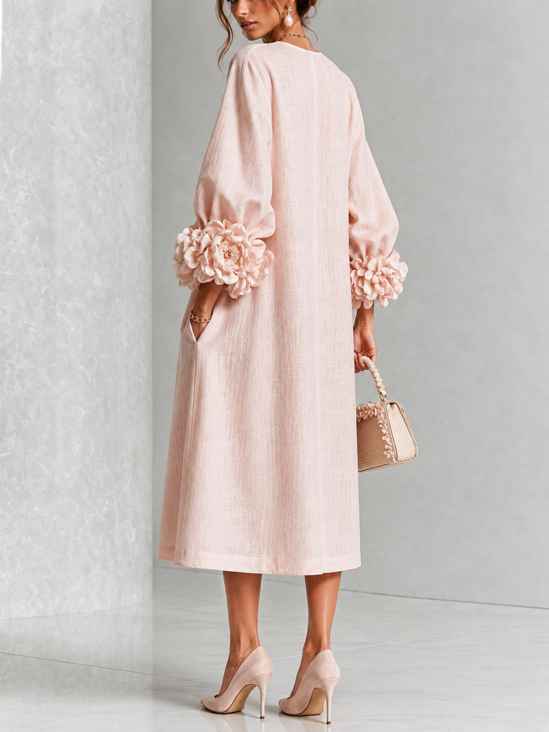 Florence Blush Rosette-Cuff Midi Dress