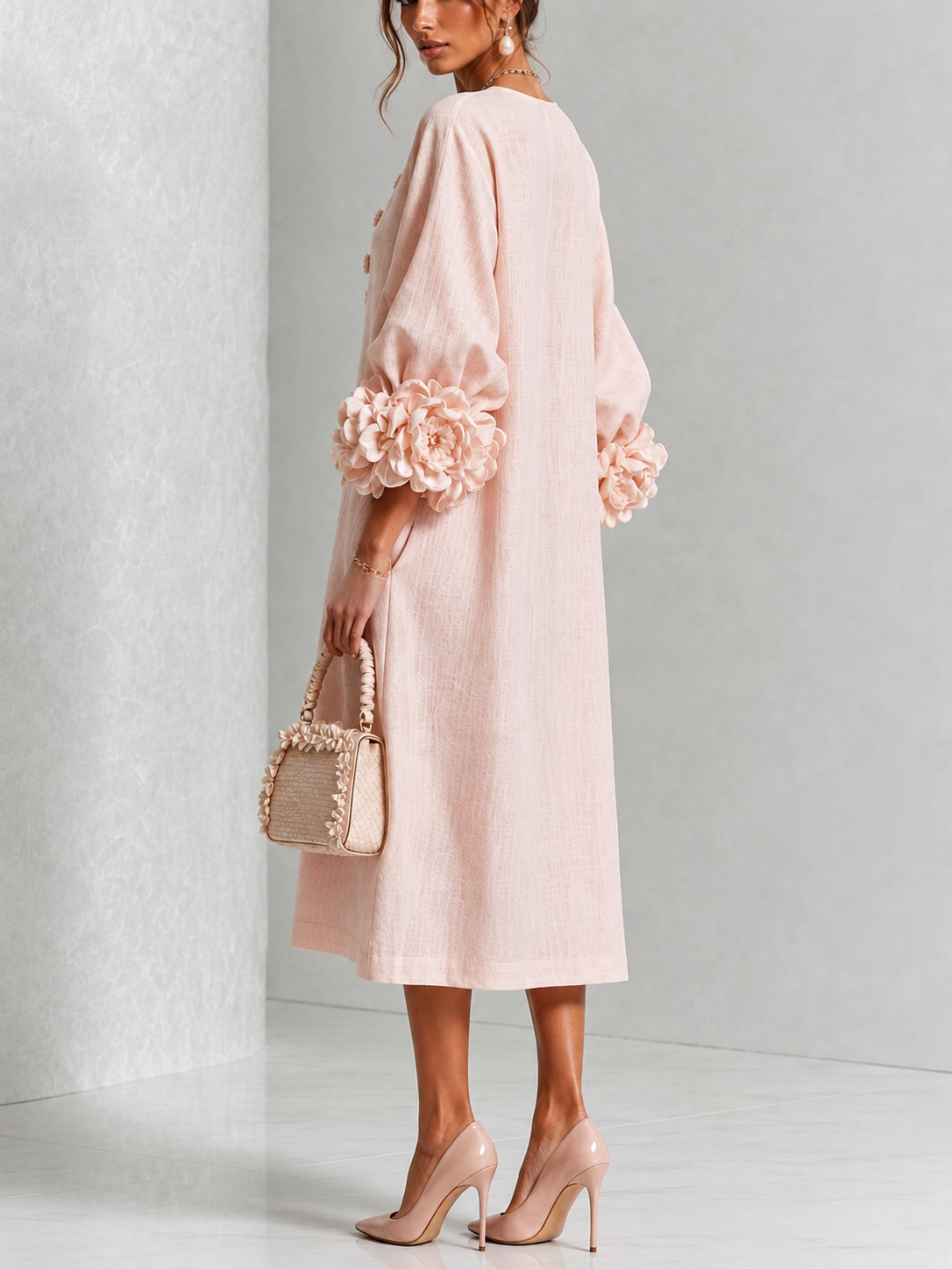 Florence Blush Rosette-Cuff Midi Dress