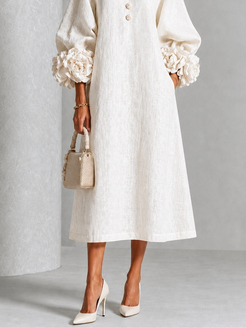 Imogen Ivory Rosette-Cuff Midi Dress