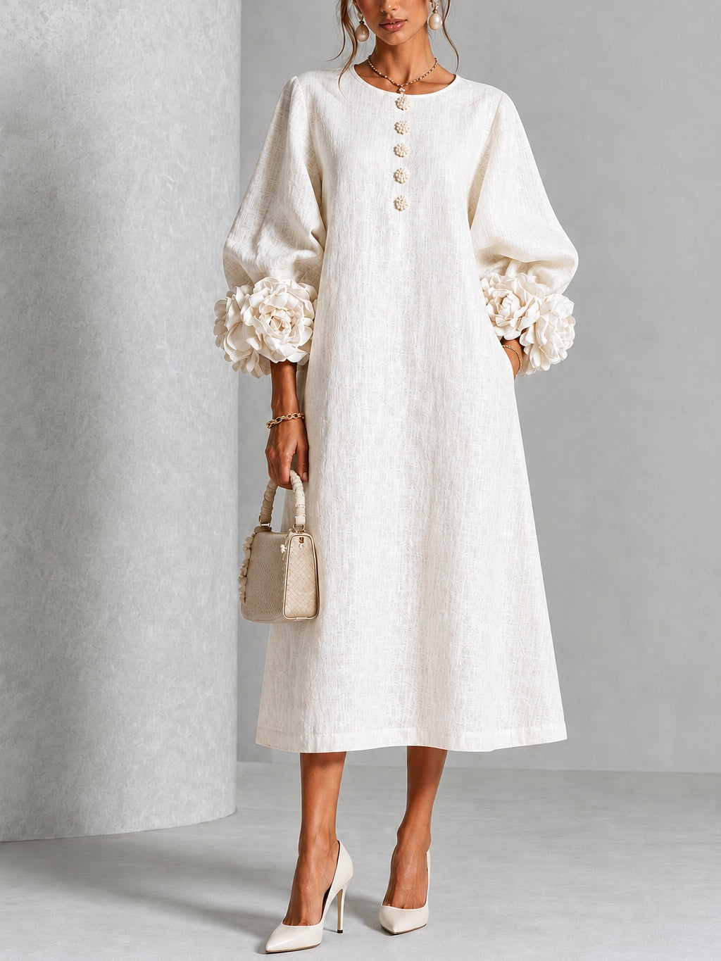 Imogen Ivory Rosette-Cuff Midi Dress