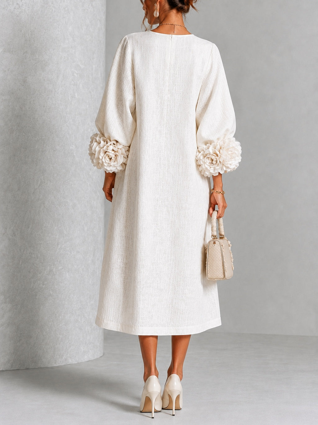 Imogen Ivory Rosette-Cuff Midi Dress