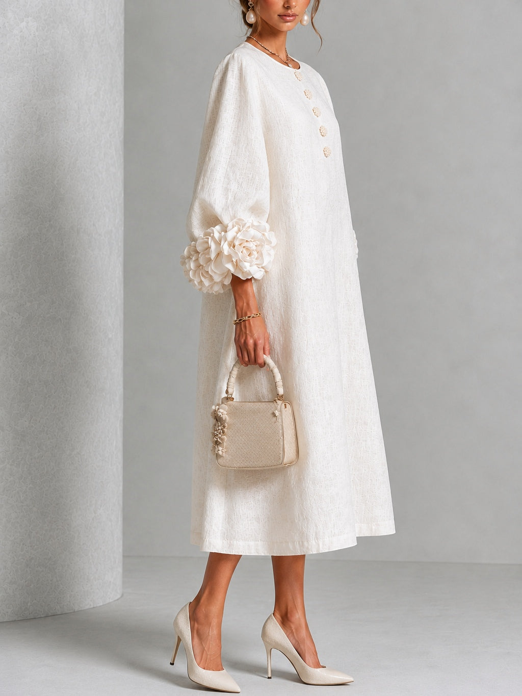 Imogen Ivory Rosette-Cuff Midi Dress
