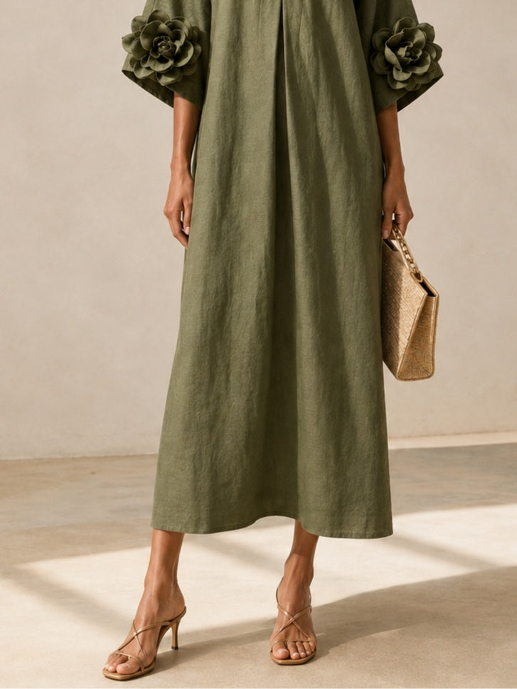 Rowena Olive Floral-Sleeve Kaftan Dress