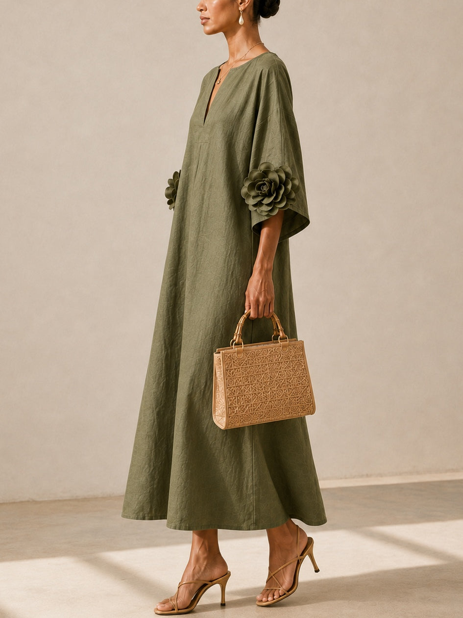 Rowena Olive Floral-Sleeve Kaftan Dress