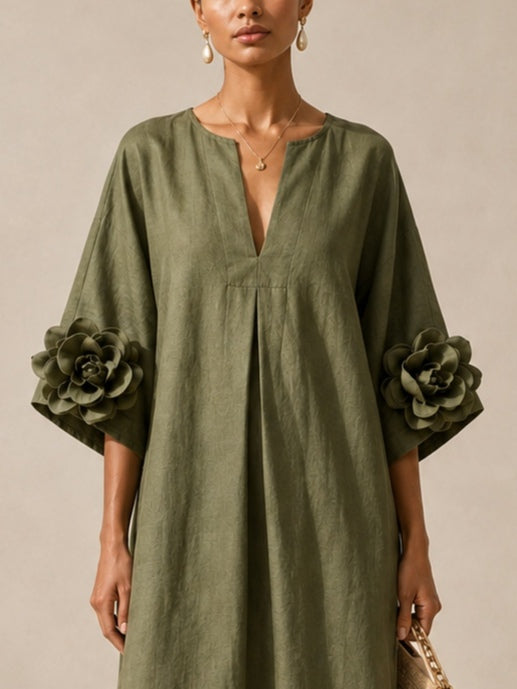 Rowena Olive Floral-Sleeve Kaftan Dress