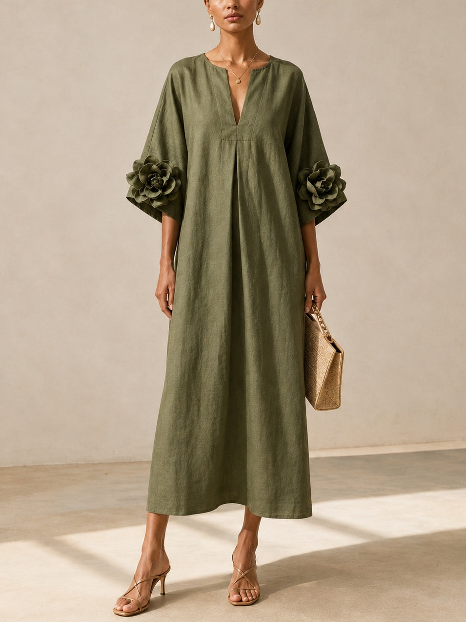 Rowena Olive Floral-Sleeve Kaftan Dress