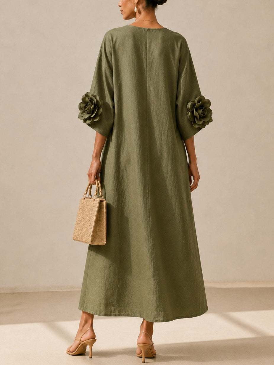 Rowena Olive Floral-Sleeve Kaftan Dress