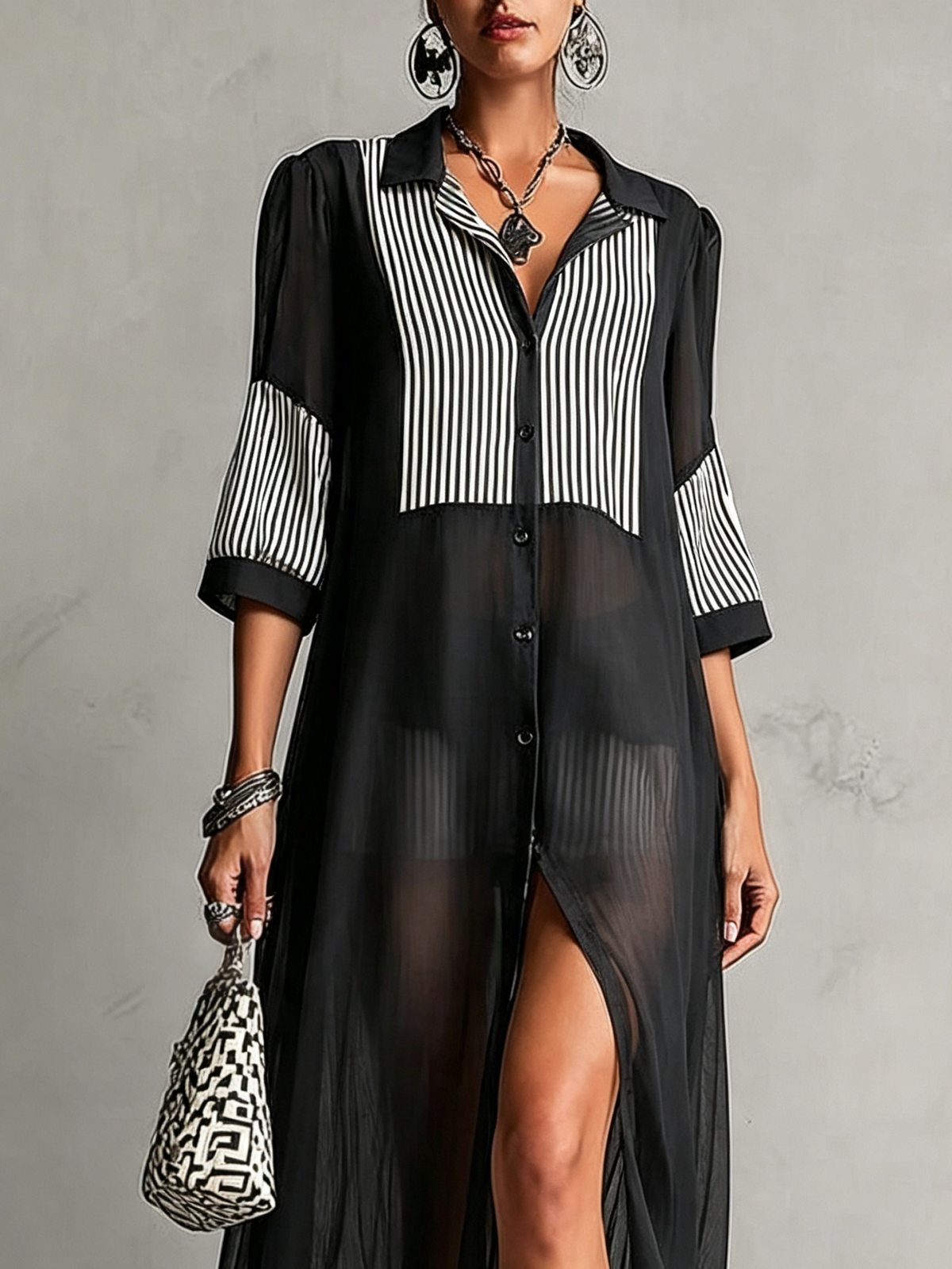 Isolde Sheer Striped-Panel Shirt Dress